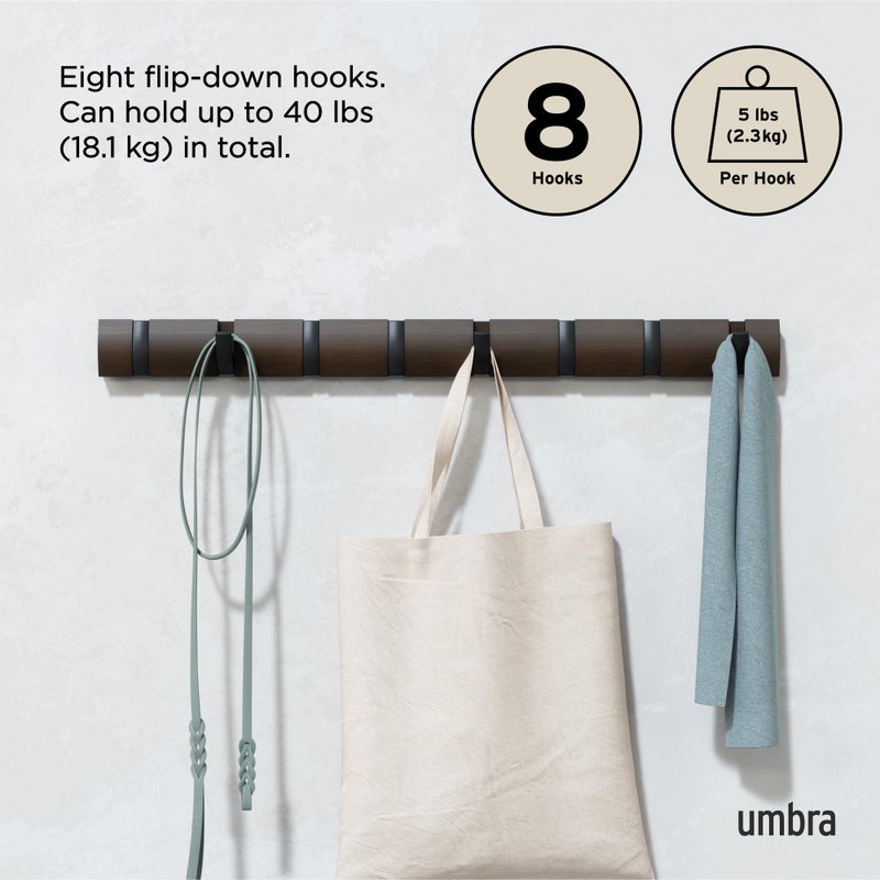 Umbra Flip Wall-Mounted Coat Rack with 8 Hooks â€“ Modern, Space-Saving Storage for Hats, Jackets, Bags, Entryway, Mudroom, Closet, Bathroom, Bedroom â€“ Black/Walnut - Image 5